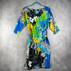 Vintage Cache Dress Womens XS Multicolor Silk Floral Half Sleeve Boat Neck Artsy